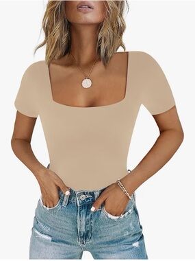 Square Neck Short Sleeve Bodysuit in Beige - Women Size XL